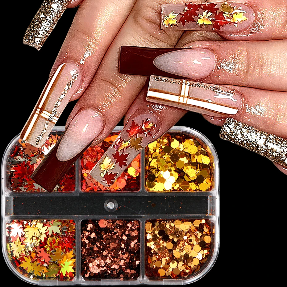 6 Grids Fall Maple Leaf Nail Glitter Sequins Metallic Autumn Hexagon Nail Art Flakes Orange Gold Red Nail Decorations Manicure