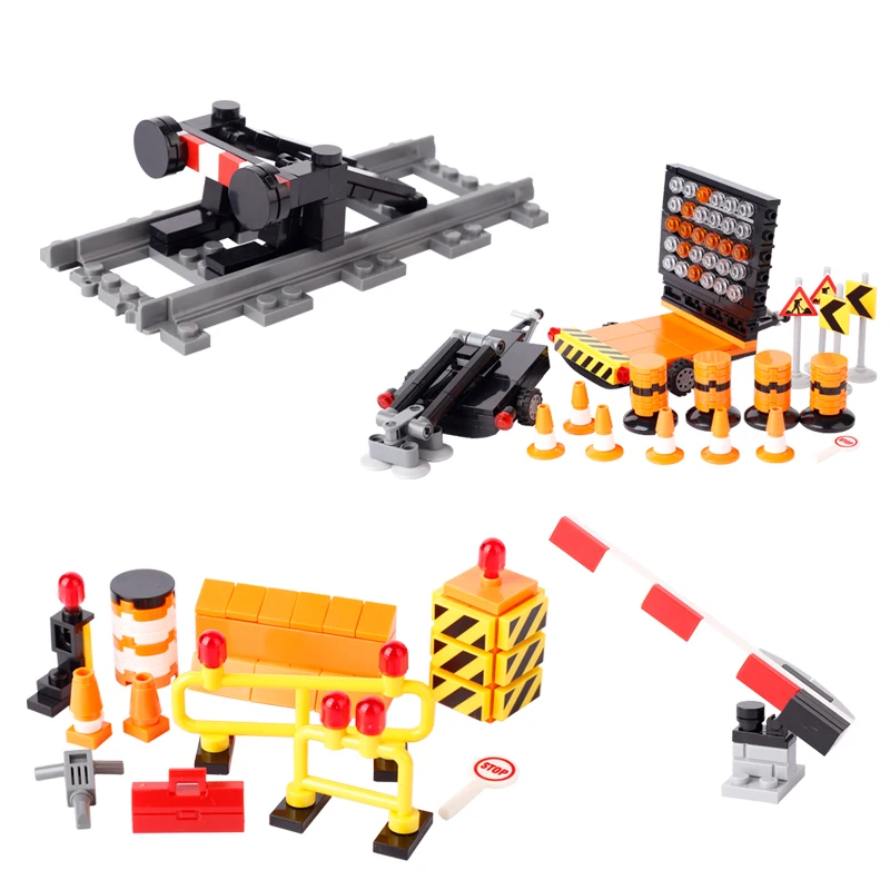 MOC City Railway Signs Building Blocks Street View Barricade Obstruction Transport Vehicle Accesssories Weapon Bricks Toys Gifts