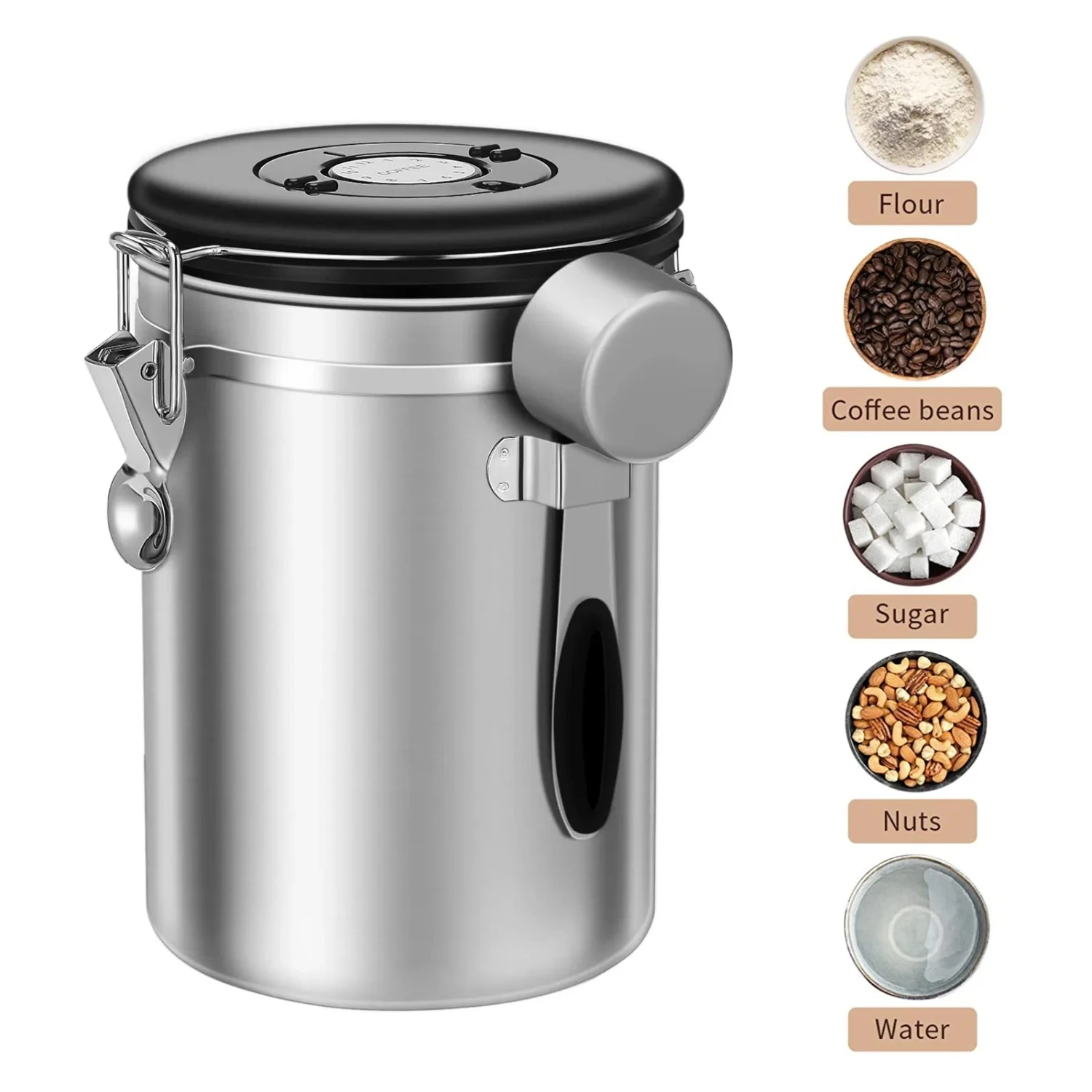 Stylish Stainless Steel Airtight Coffee Canister with Scoop - 22OZ Container Featuring One Way Co2 Valve - Perfect for Coffee Be