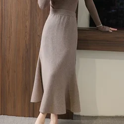 2024 Autumn Winter New 100%Pure Wool Knit Long Skirt Women Casual Thick Korean High Waist Pack Hip Cashmere Wild A-Line Skirt