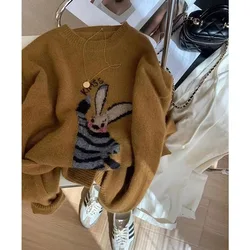 Autumn Casual Kawaii Rabbits Heart Jacquard Women Sweaters O Neck Long Sleeve Knitted Top Pullovers Sweet All Match Jumpers