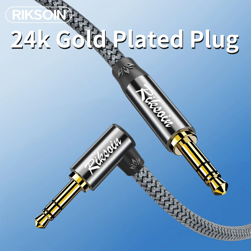 RIKSOIN AUX Cable, 3.5mm TRS Male to 90° Right Angle Nylon Braided Cord Compatible for Headphone,  Speakers, Car, Home Stereos