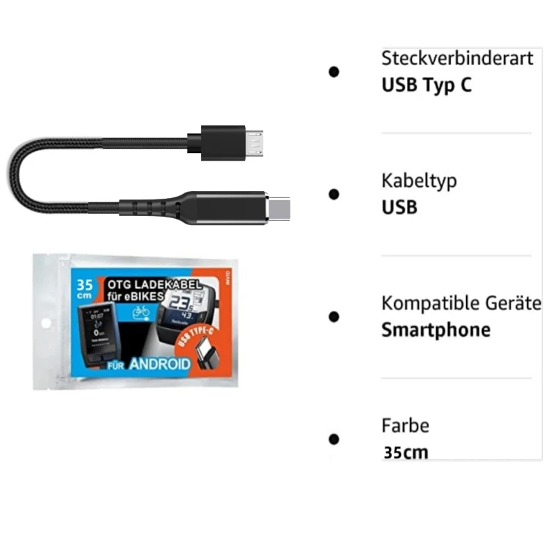 E-bike Câble de charge USB C pour smartphone Bosch Intuvia, Kiox, direction de charge de l'écran au smartphone OTG, pour nouveaux smartphones avec USB-C comme Samsung