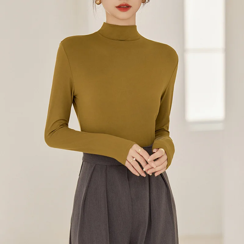 Half High Collar Base Shirt Women Long Sleeved T-shirt Spring and Autumn Slim Fit Inner Layer Autumn Clothes Mid Neck Black Top