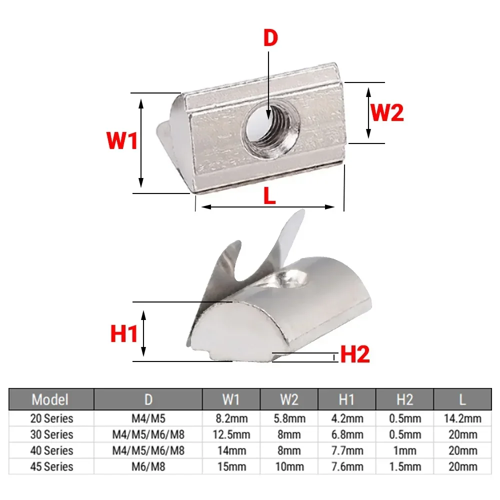 10Pcs Shrapnel Nut M4 M5 M6 M8 Block Elastic Nut Shrapnel T Shape Block Sliding Nut For 20/30/40/45 Series EU Aluminum Profiles