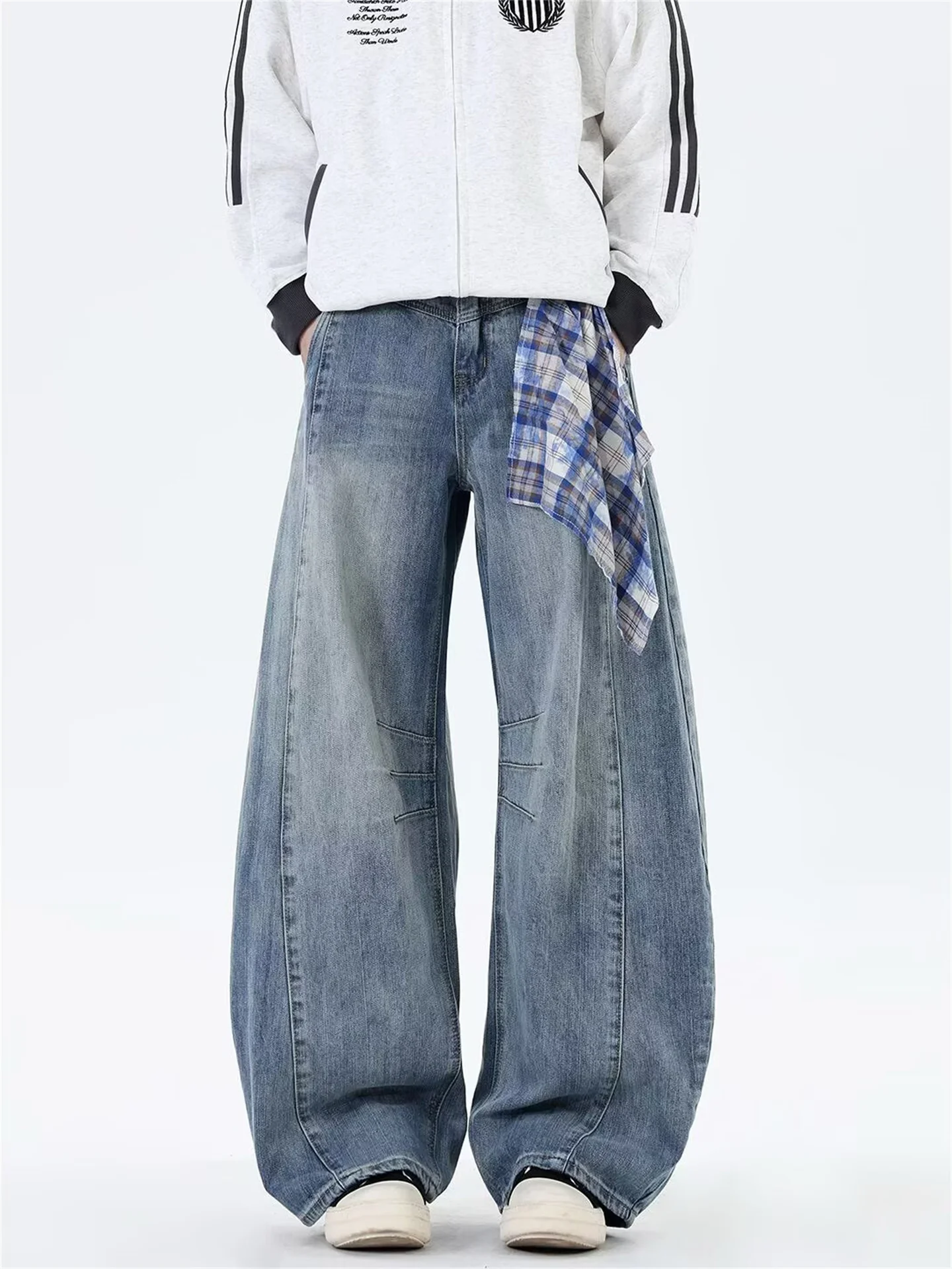 

American Sle Men's High Street Knife Jeans Wide Leg Straight Cut Loose Fit Casual Trousers with Pleating Design