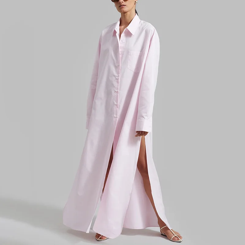 

Simple Korean Casual Style Dress2025New Collar High-Grade Solid Color Sense of Design Shirt Long Dress Women Summer