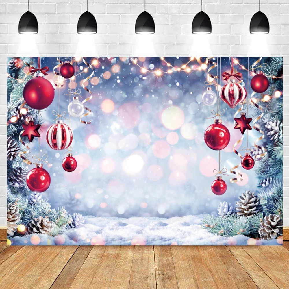 Merry Christmas Backdrop Winter Snowflake Shining Bokeh Glitter Star New Year Red Xmas Ball Kids Portrait Photography Background