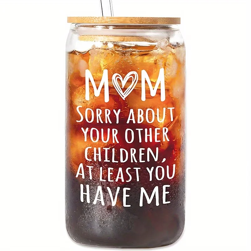1 Stück 16oz Glasbecher mit Deckel und Strohhalm, lustiges Geschenk für Mama, Geburtstagsgeschenk für Mama von Tochter und Sohn, perfekt zum Verschenken.