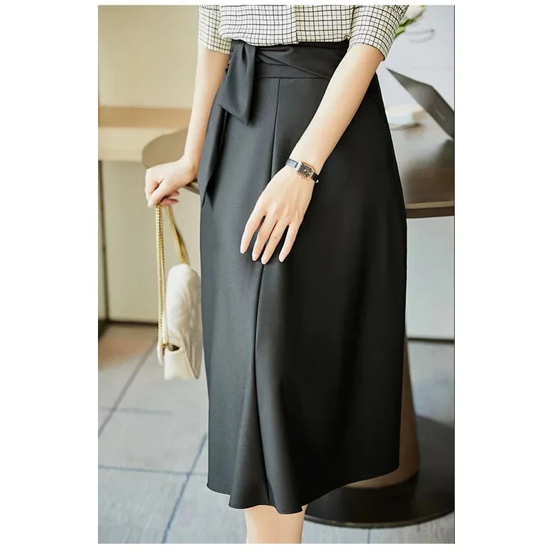 Fashionable Black Skirt High Waist Crotch Revealing Thin Lace Up Mid Length Skirt Over Knee Skirt for Women Office Lady Mid-Calf