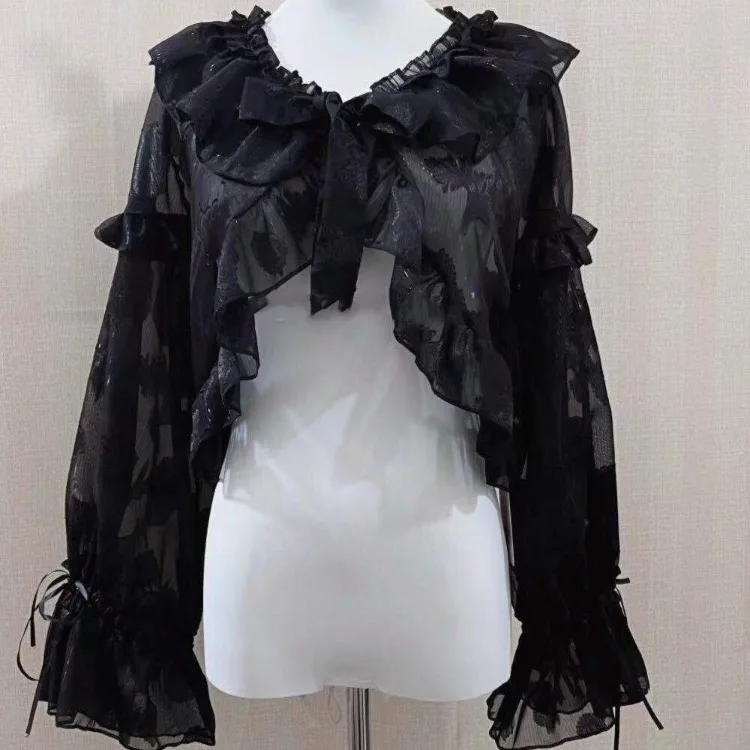 Fashion V-neck Ruffles Lace Up Chiffon Cardigans 2024 New Lolita Blouses Y2k Bow Lantern Sleeve Sun Protection Coat Shirts