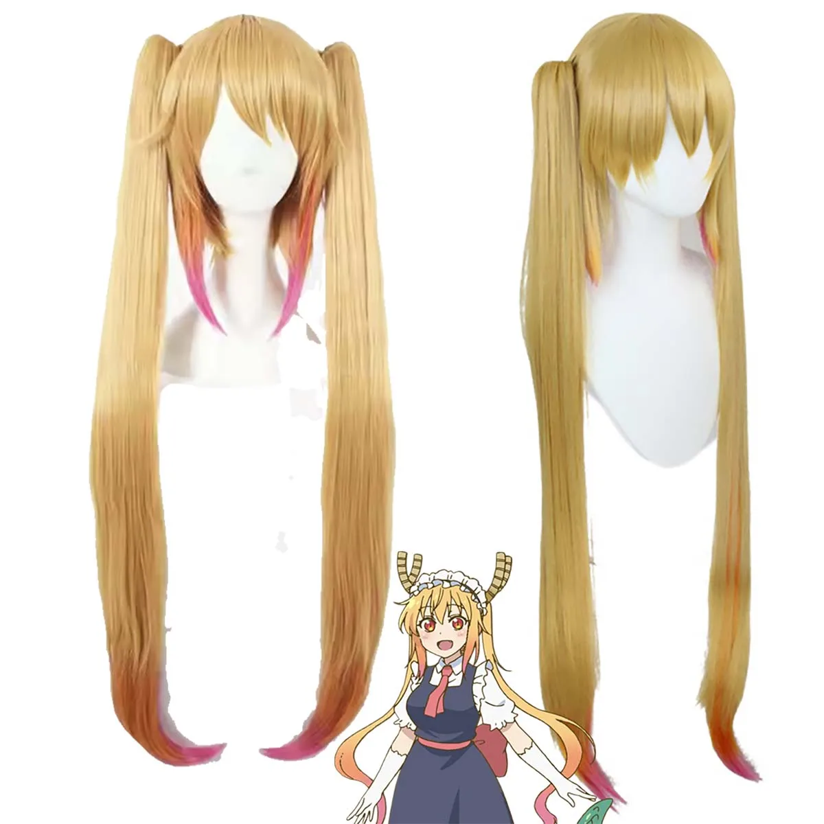 Anime Miss Kobayashi's Dragon Maid Cosplay Tohru Yellow Gradient Pink Long Double Ponytails Hair Wig