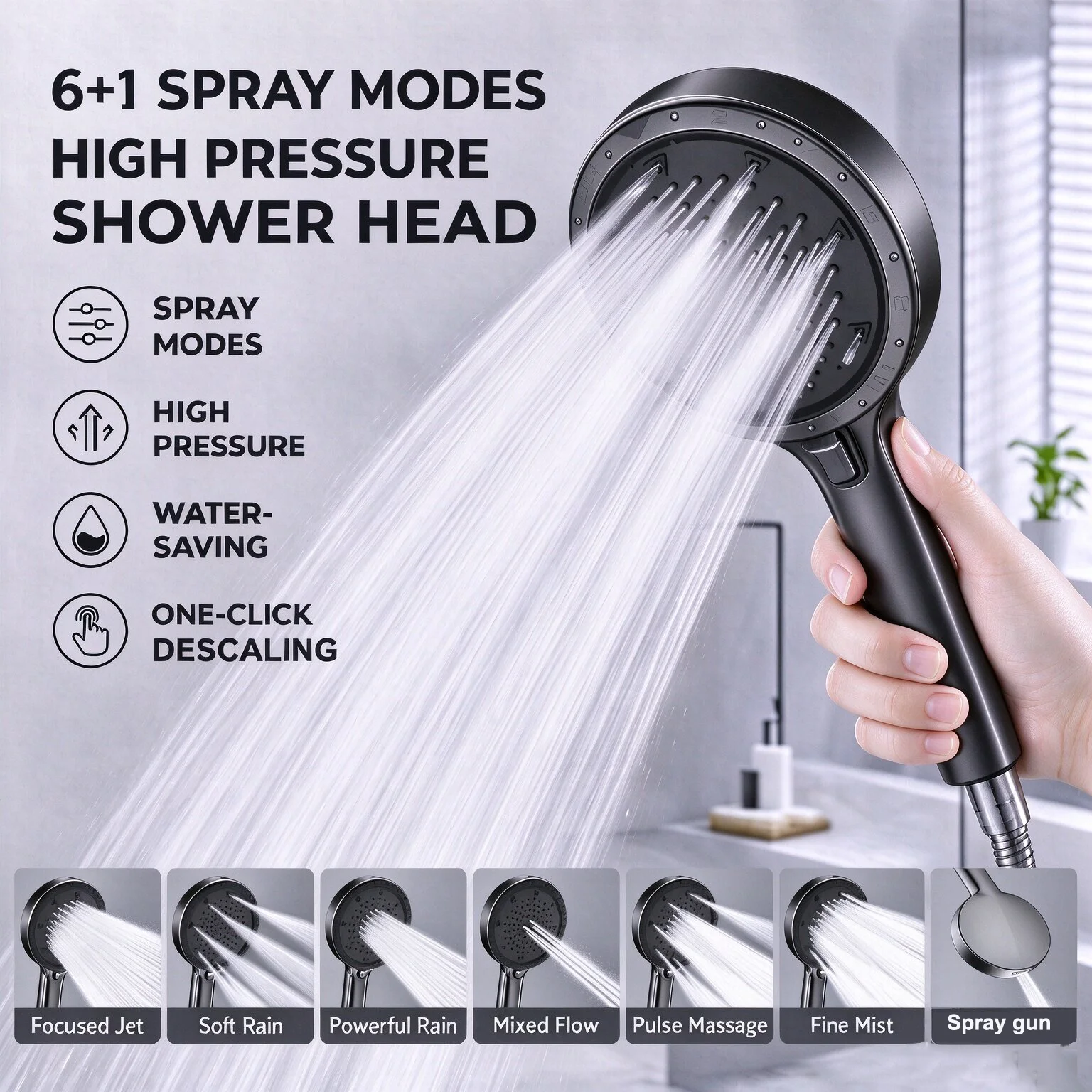 Self Cleaning Descaling 14CM Big Panel High Pressure Shower Head 7 Modes Multi-function Sprayer Large Flow Handheld Showerhead