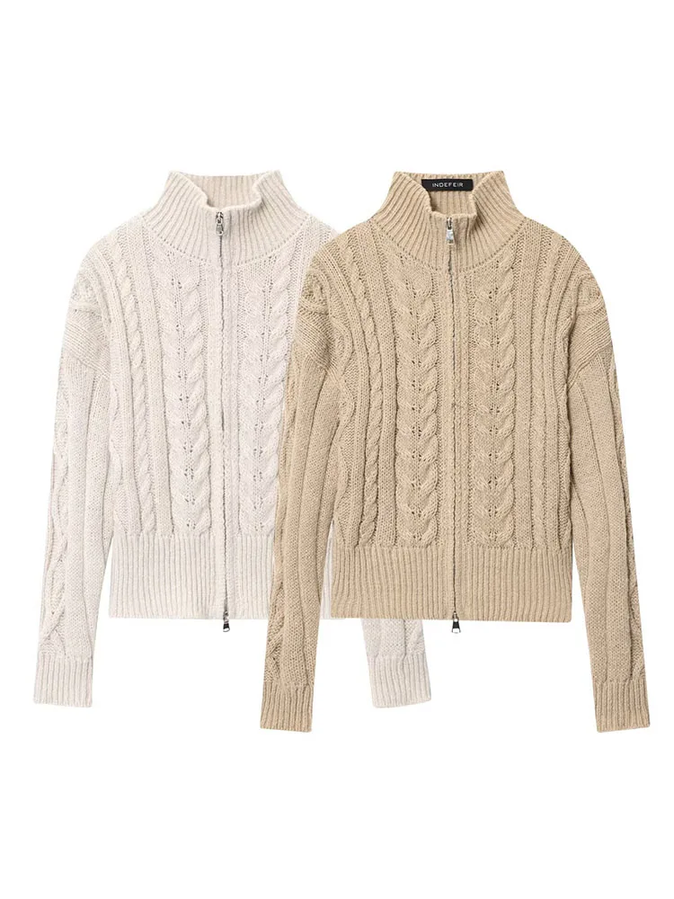 HH Women Autumn New Fashion Lazy Style Zipper Stand Collar Twist Knitted Cardigan Female Versatile Warm Long Sleeve Sweater