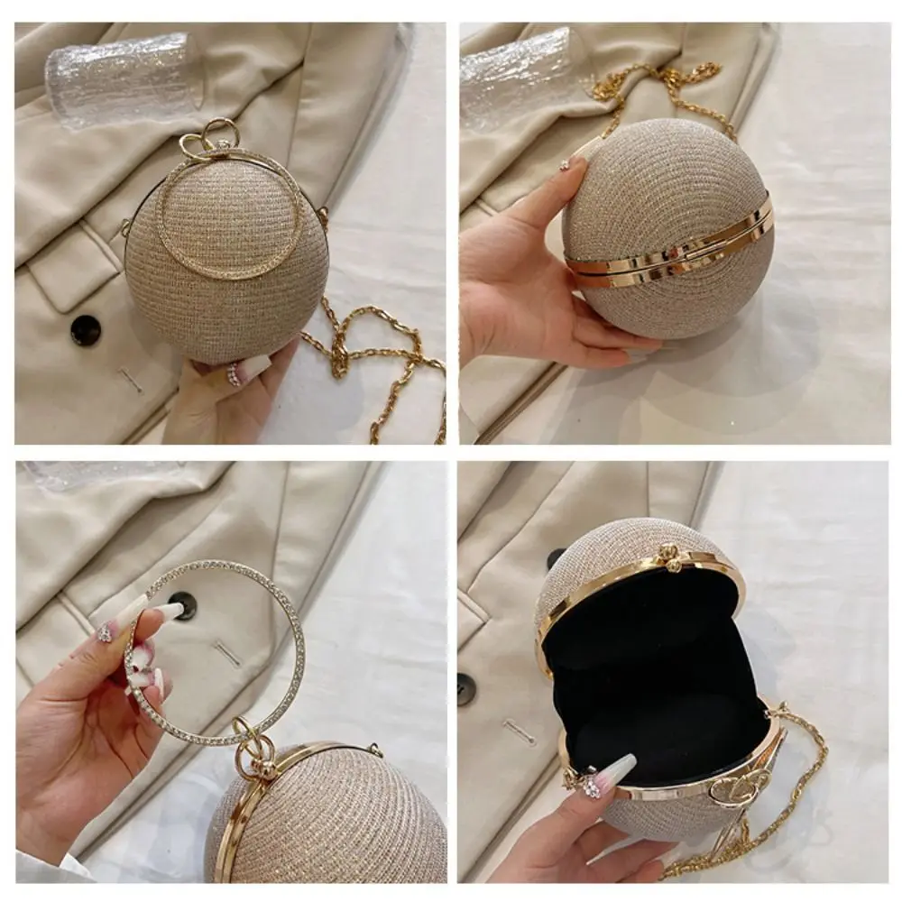 Bolso de mano de bola redonda con diamantes de imitación para mujer, bolso de noche, bolso de hombro con cadena para lápiz labial, anillo Circular,