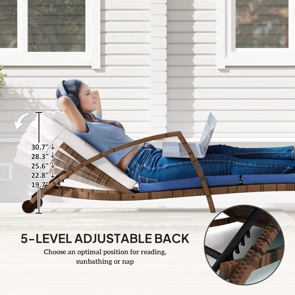 Espreguiçadeira de vime para exterior, conjunto de 2, espreguiçadeiras reclináveis ajustáveis de 5 posições para piscina com rodas, rattan ao ar livre Lou