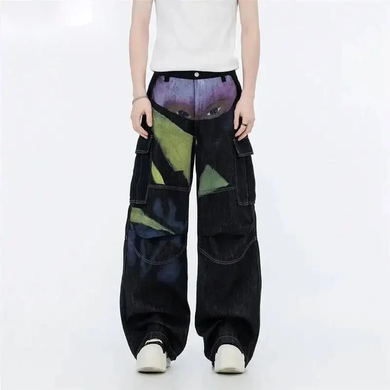 Men's Printed Avant-Garde Cargo Jeans Abstract Art Multi Pocket Wide Leg Casual Streetwear Denim Long Pants PPF8