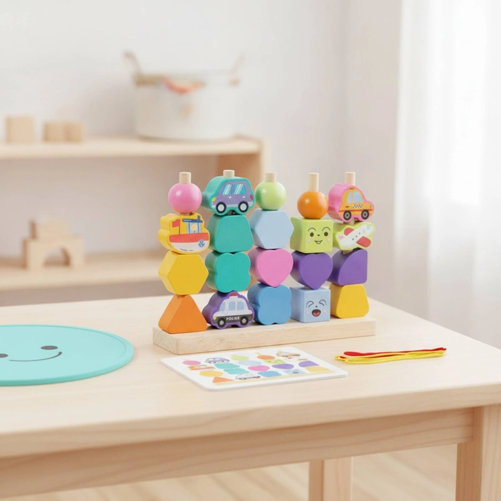 Stacking Toy with Threading Cords Child-Centered Wooden Stacking Toy Educational Colorful for Toddlers, Playroom, Classroom