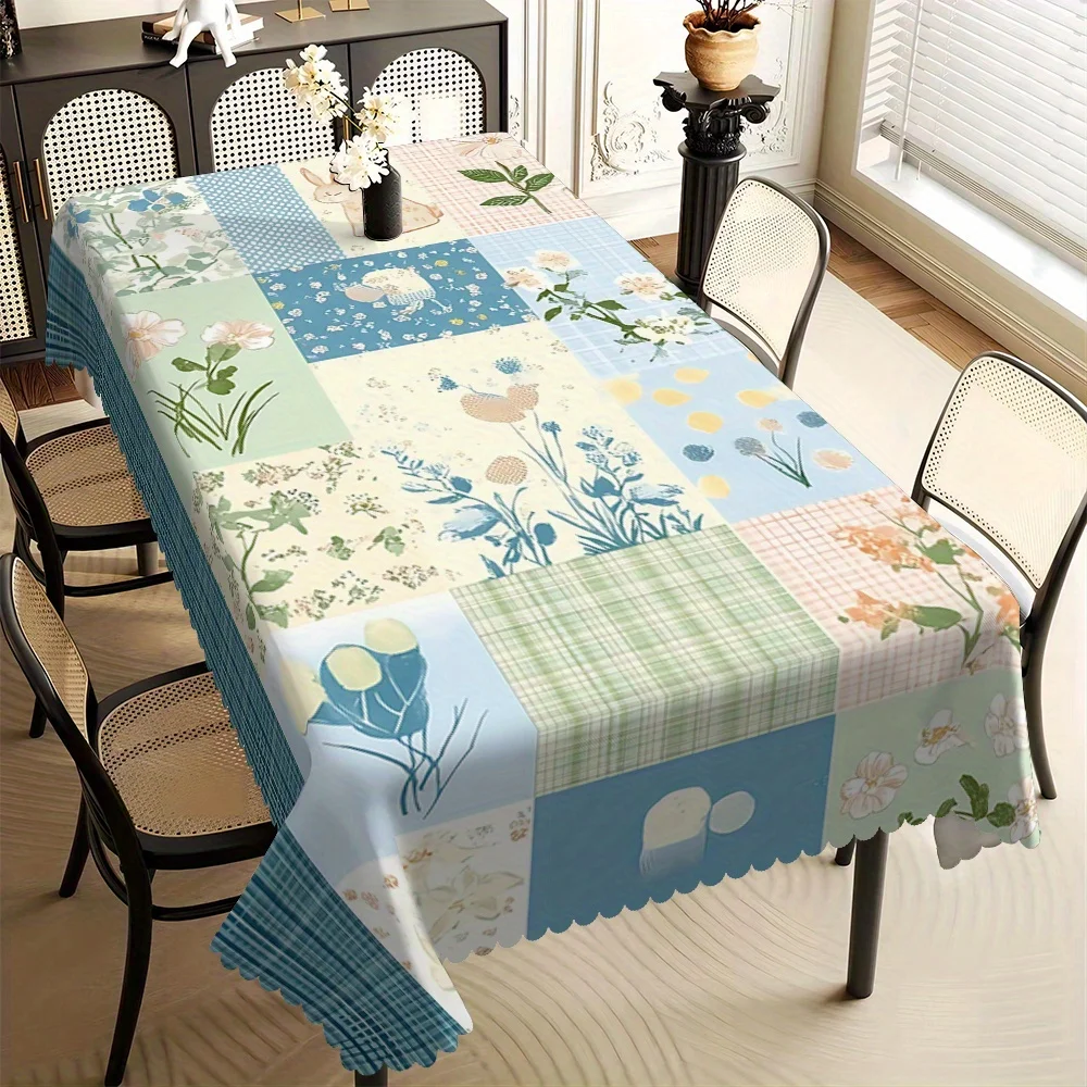Light Color Patchwork Flower Rabbit Table Cover Scalloped Edge Waterproof Tablecloth for Spring Style Kitchen Holiday Table
