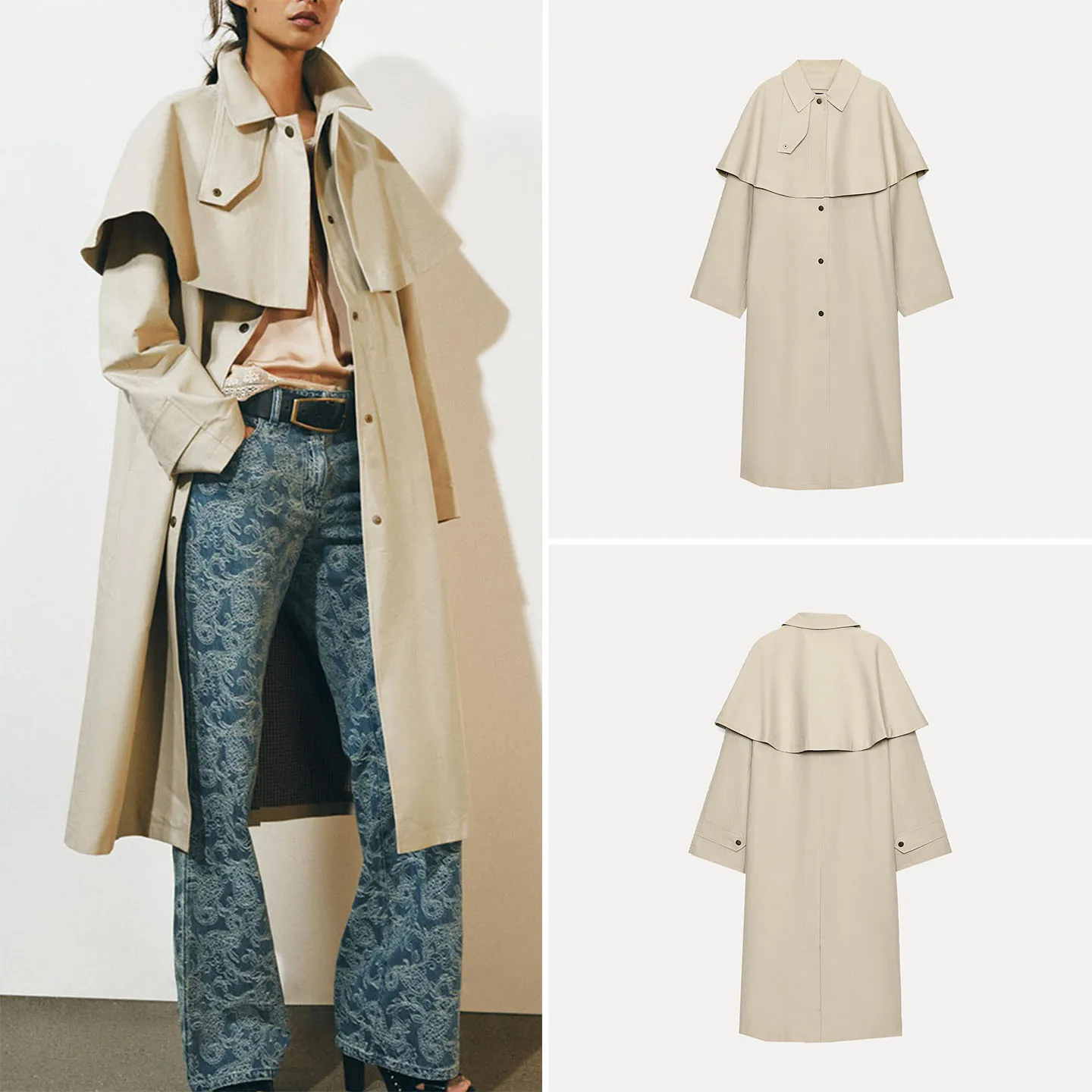 Fashionable Long Sleeve Lapel Coat Women's Spring Autumn Winter Outerwear Layered Decorated Cowl Neck Windbreaker ZADATA