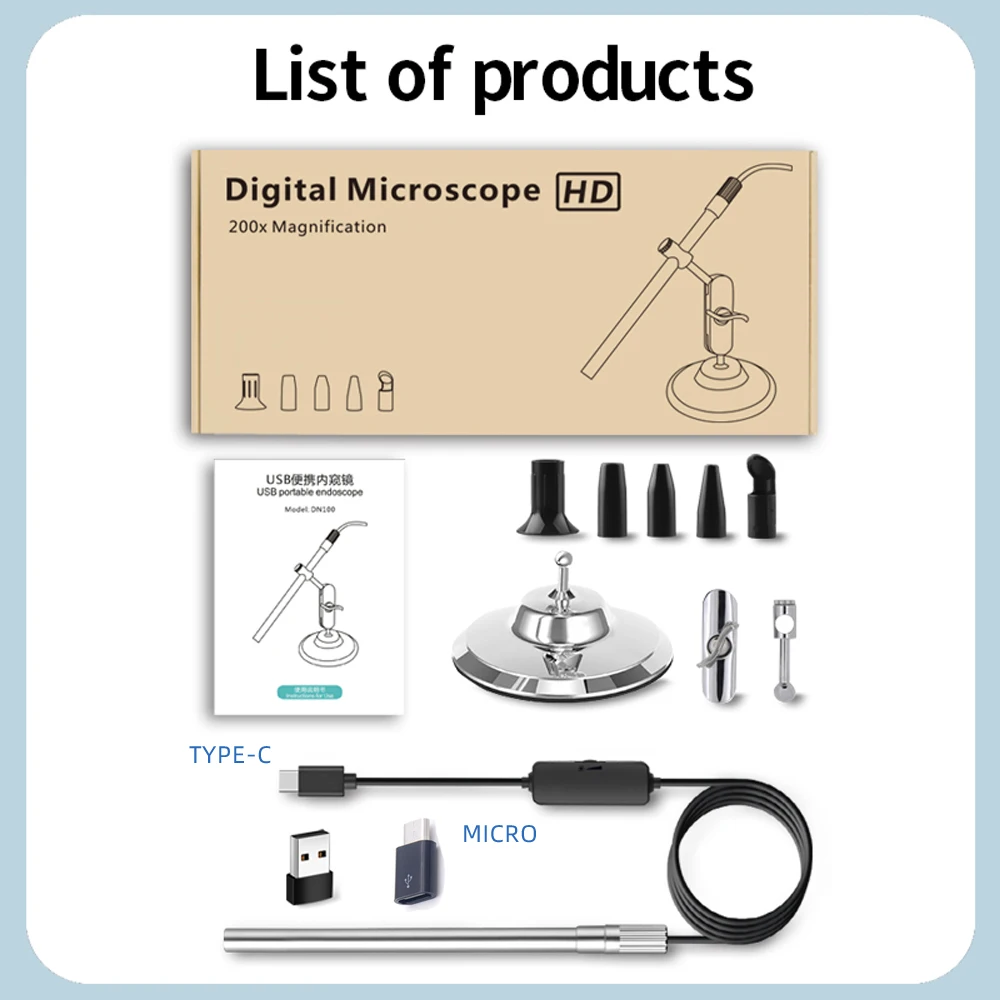 10X-200X Portable Digital USB/Type-c Microscope Inspection Magnifier IP67 Waterproof Camera Built-in 8 LED Lights