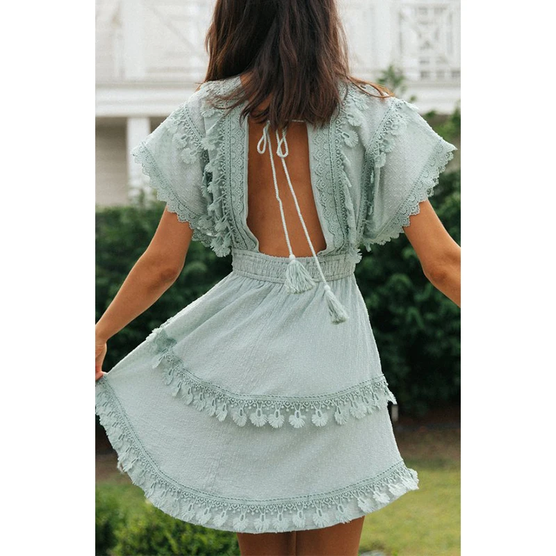 

Women's Summer Mini Dress Sexy Short Batwing Sleeve Bohemian Sundress Ladies Deep V-Neck Lace Backless Tassel Boho Short Dresses