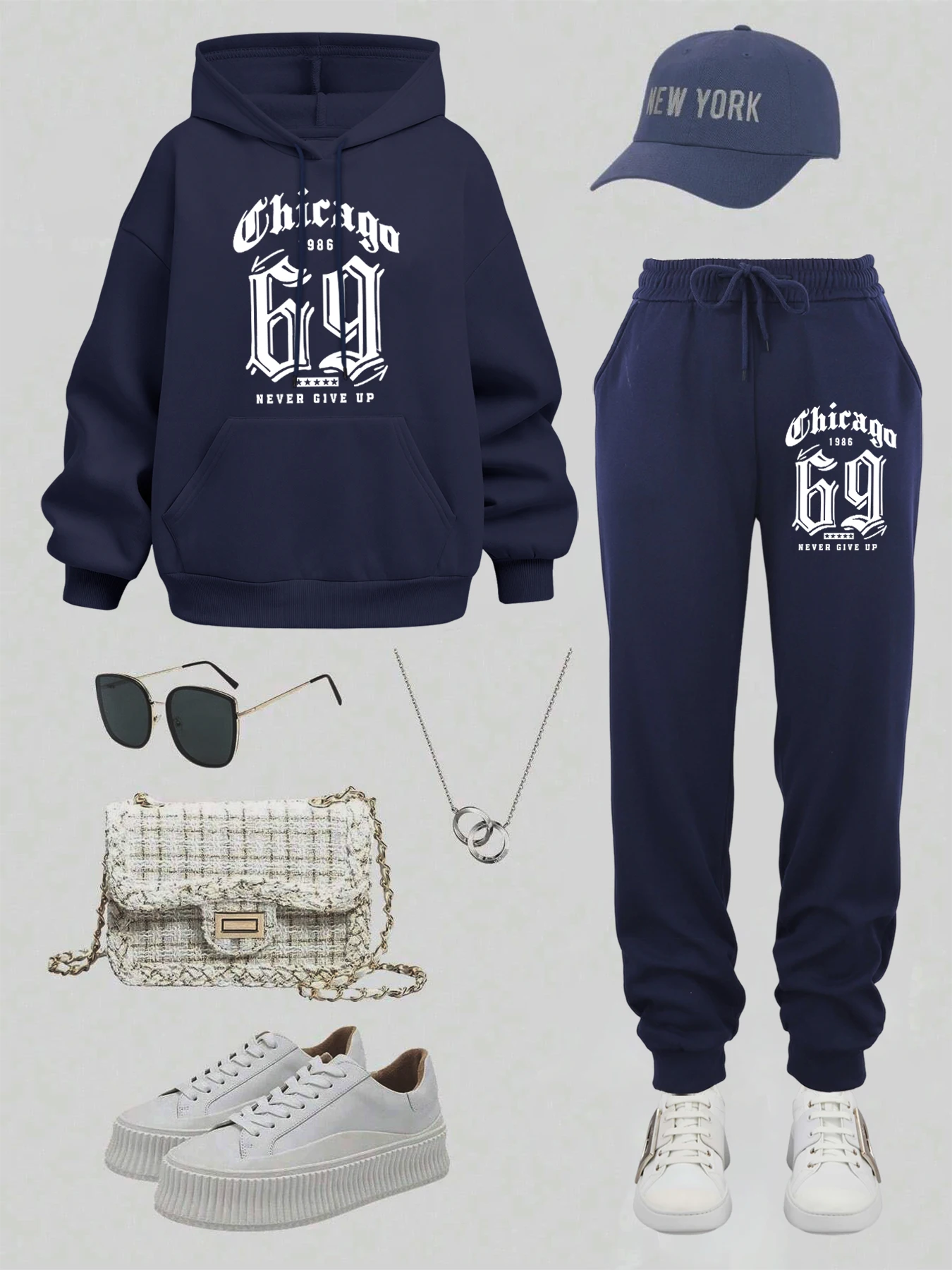 Chicago Never Give Up Stampe Set con cappuccio alla moda Sport Autunno Pullover morbido Comodo pantalone da jogging in pile Tasca per abiti da strada