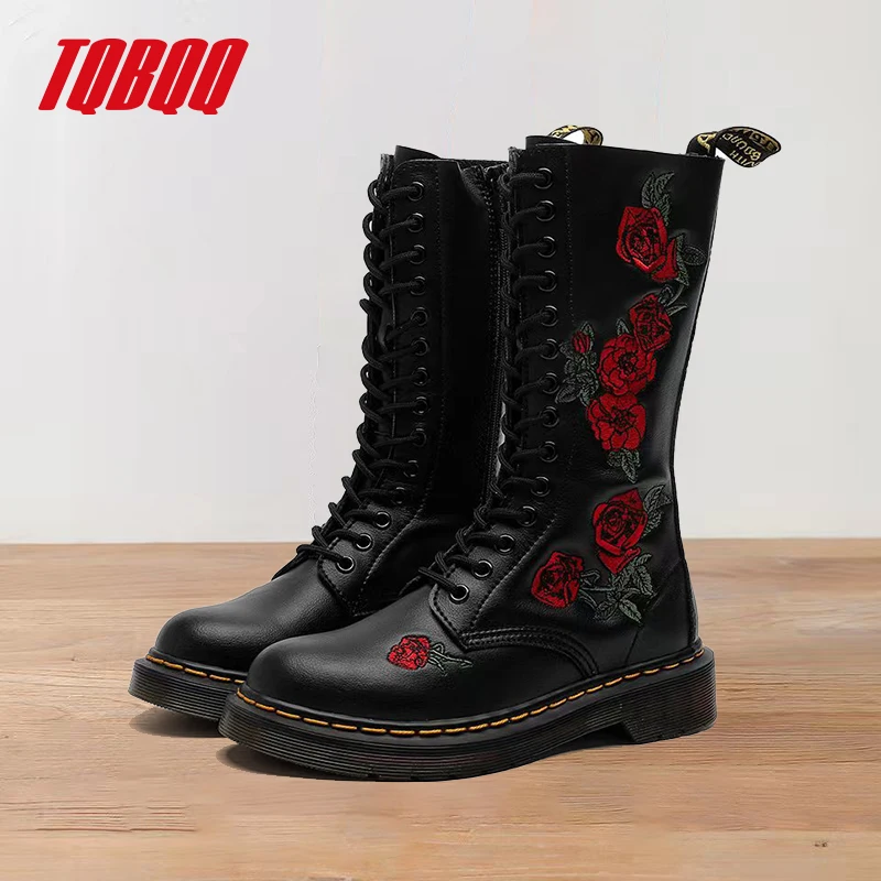 Luxuriöse kniehohe Damenstiefel mit Rosenstickerei, Winterreitstiefel aus echtem Leder und