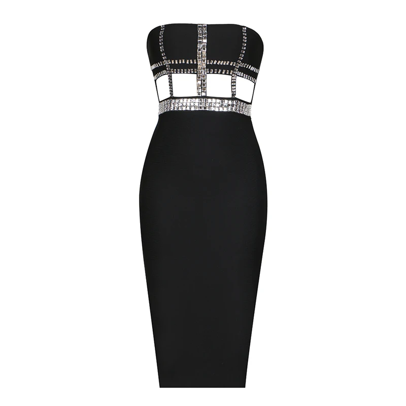 MSMUSI 2024 New Fashion Women Sexy Strapless Crystal Sleeveless Hollow Out Backless Bandage Party Club Bodycon Event Midi Dress