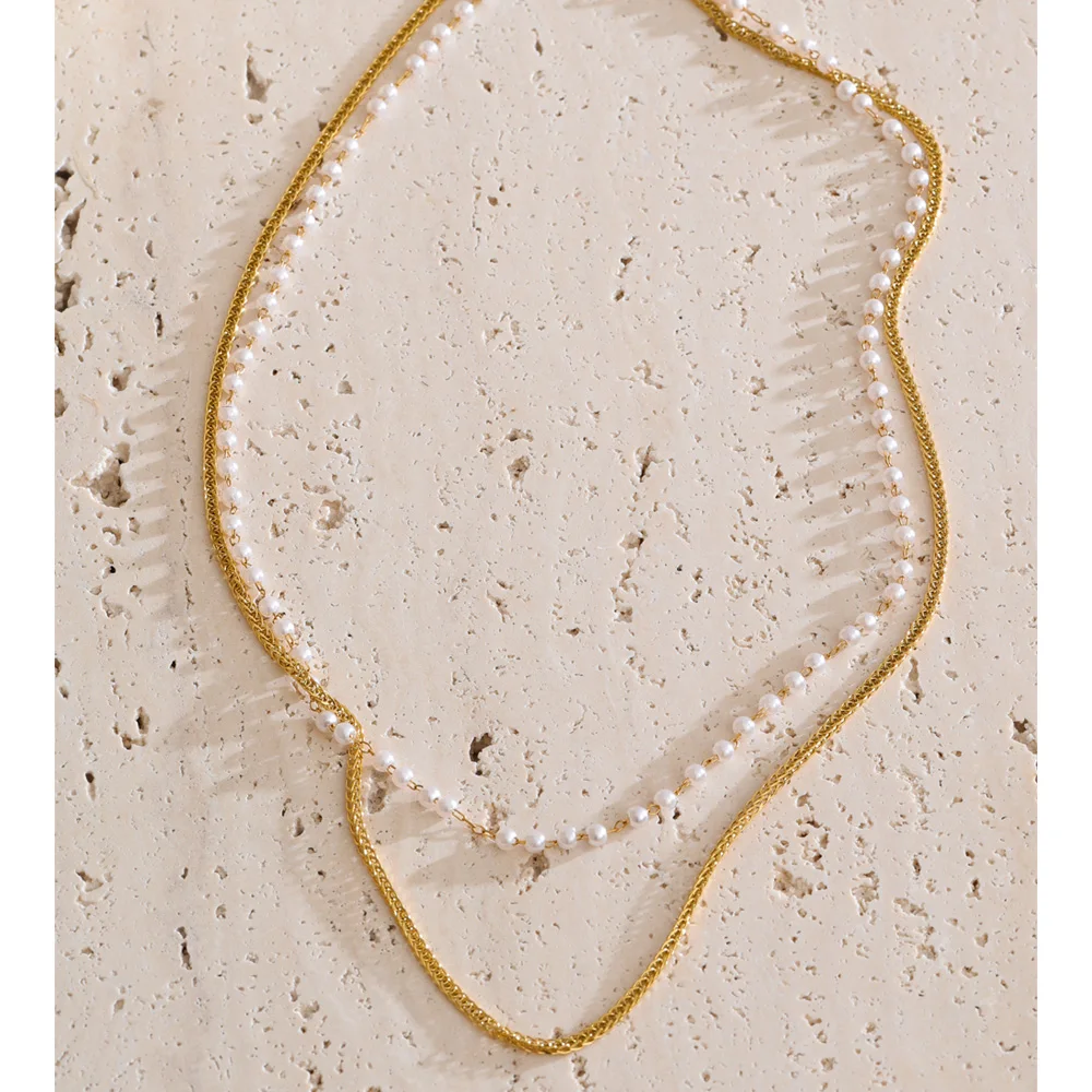 Yhpup Trendy Simulated Pearls Double-Layer Chain Overlay Necklace Stainless Steel Fashion Chic Collar Jewelry New Exquisite Gift