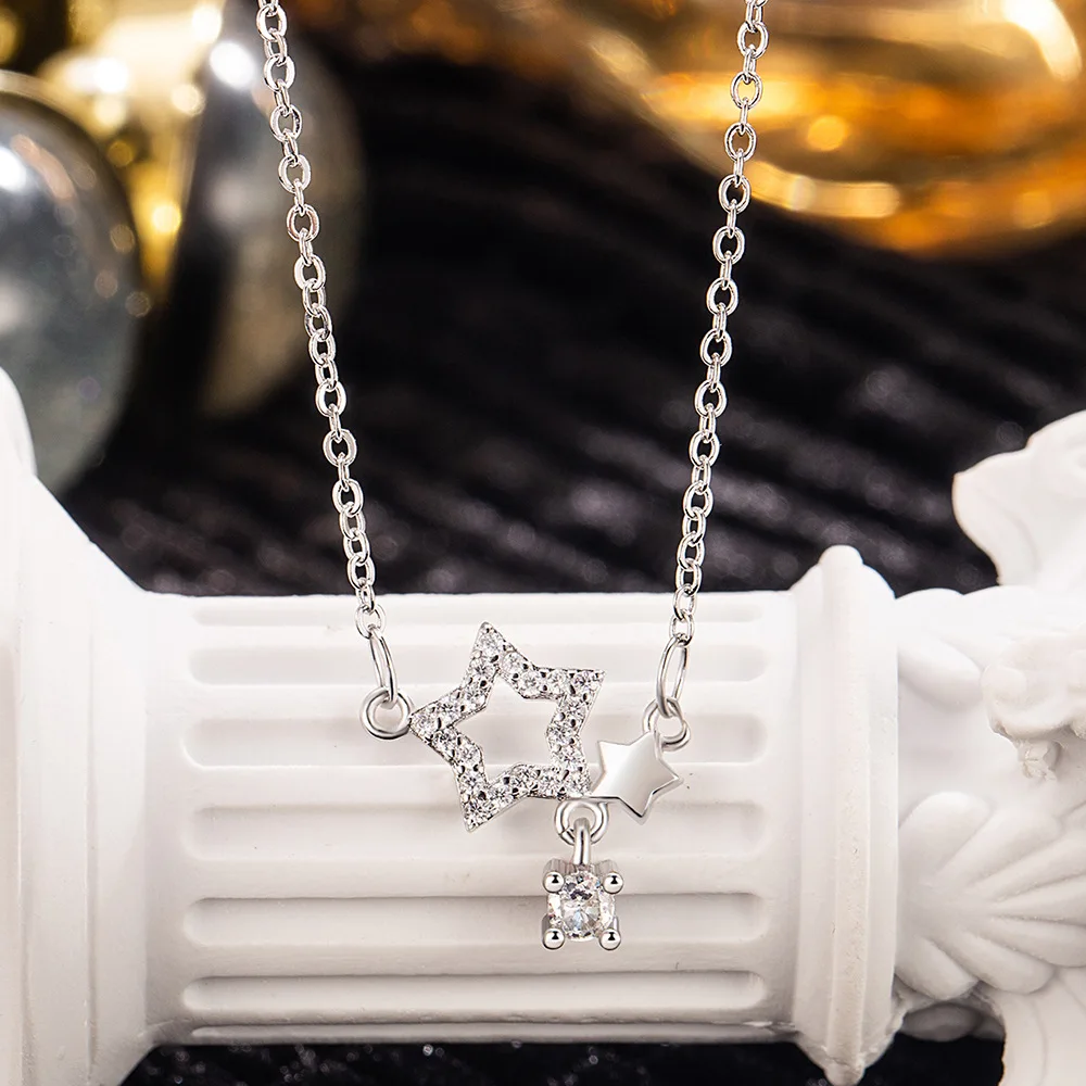 925 Sterling Silver Simple Fashion Hollow Star Zircon Ladies Necklace Birthday Anniversary Wedding Gift