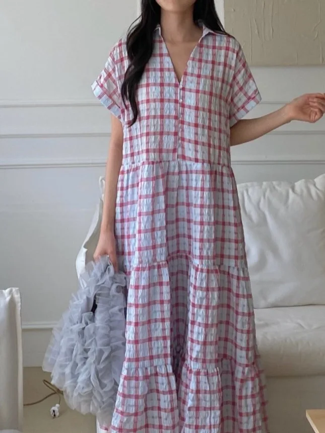 

Summer New Loose Cake Long Dr Women's Plaid Lazy Sle Dr Textured Sensation Maxi Dr Fem Faion