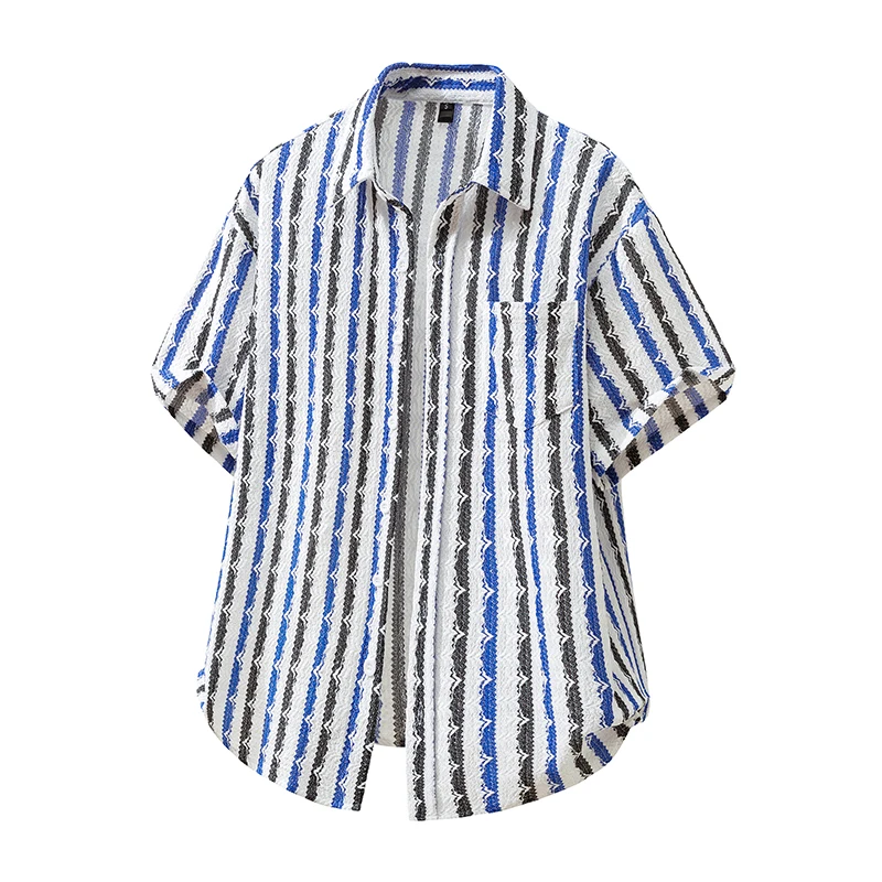 

Men's Summer Streetwear Retro Cuban Collar Crocheted Hollow Striped Short Sleeve Loose Casual Button Shirt Blouses