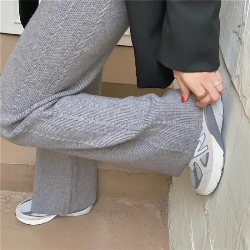 

Autumn Winter Knitted Wide Leg Pants Womens Warm Thicken Pantalones Korean Fashion Woolen Oversize Trousers Y2k Clothes Kpop