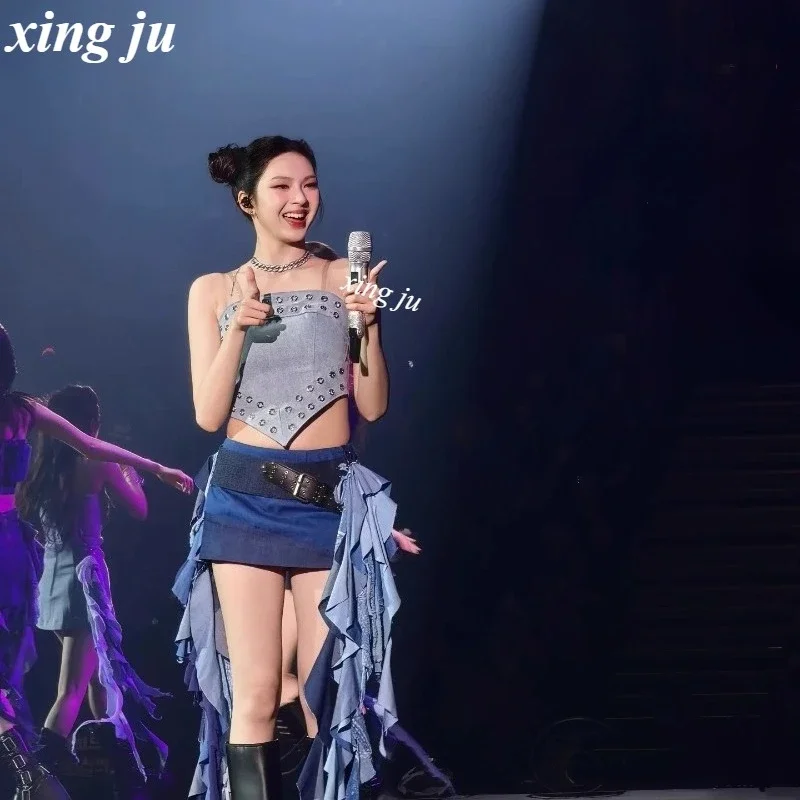 Women Singer Jazz Dance Costume Group Performance Blue Strapless Denim Short Tops Nightclub Stage Irregular Skirt Kpop Outfits