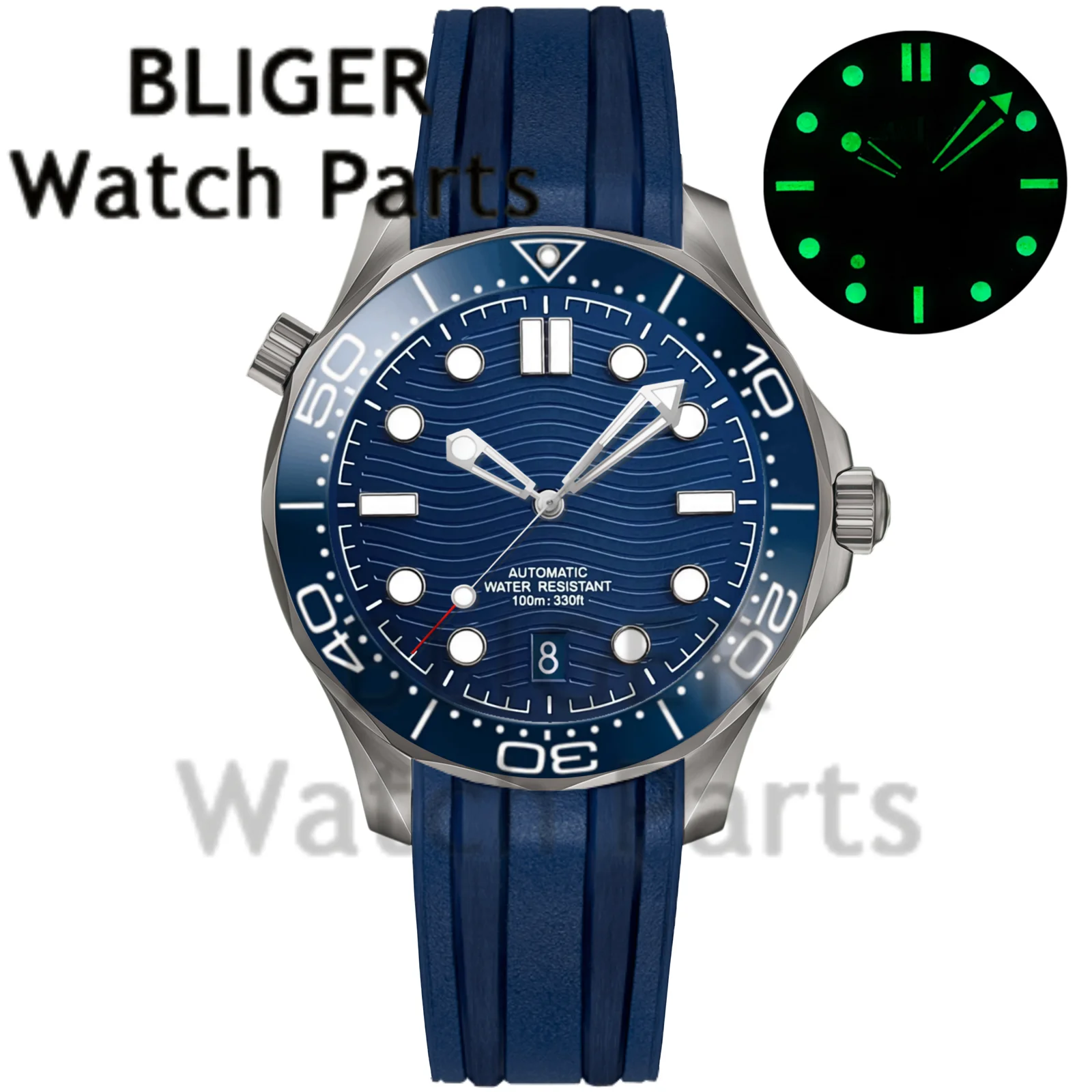 Customizable DIY 41mm Titanium Steel Diving Wristwatch NH35A Mechanical Men Watches 6 o'clock Date Rubber Bracelet Roating Bezel view 4