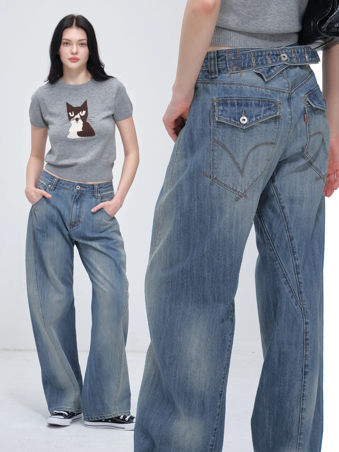 

Vintage American-Style Washed Jeans for Women, Mid-Low Waist Design, Loose Wide-Leg, Height-Enhancing, Washed Blue Jeans, Paris Buckle Adjustable Three-Dimensional Arc-Shaped Knife-Cut Trousers