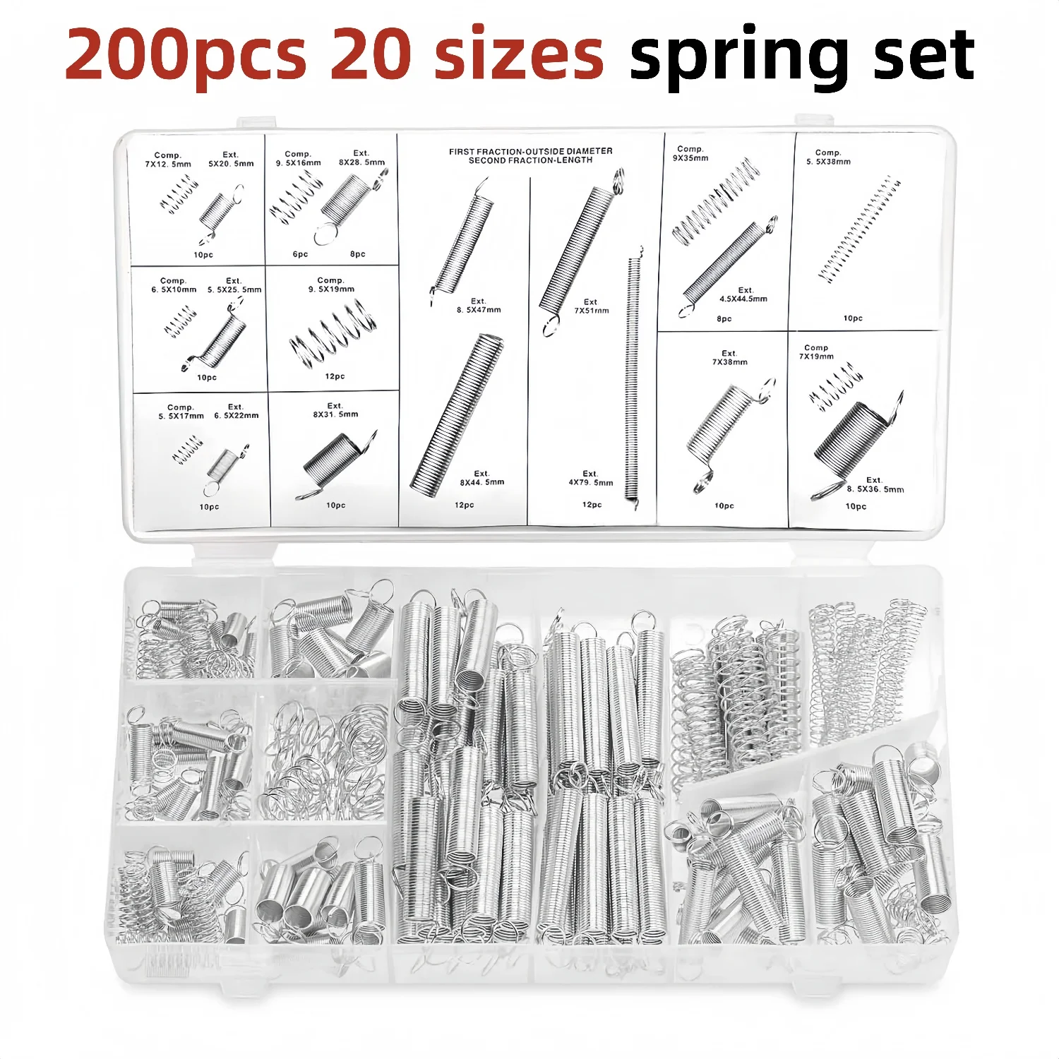 200 шт. набор пружин, 20 размеров, набор пружин сжатия и удлинителей из оцинкованной стали для домашнего механического ремонта