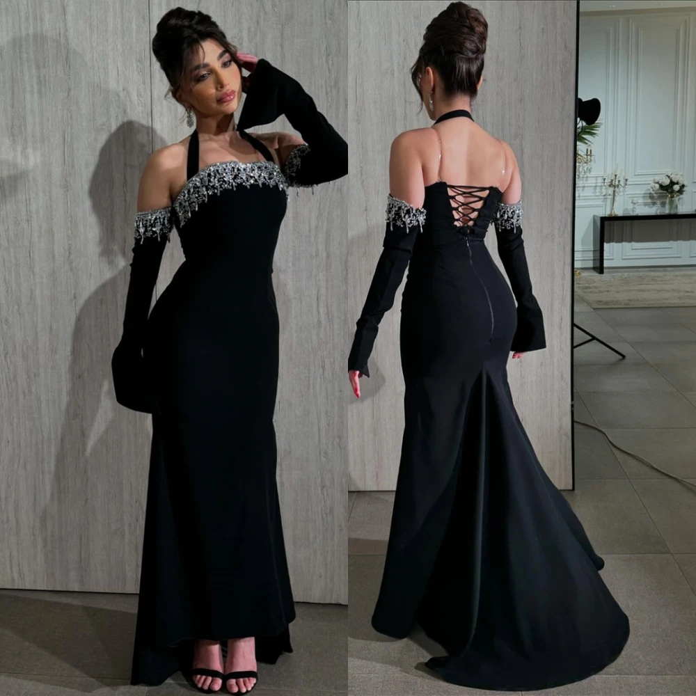 

Customized Graceful Mermaid Halter Evening Dress Delicate Crystal Prom Dresses Temperament Lace Up Back Special Occasion Gowns