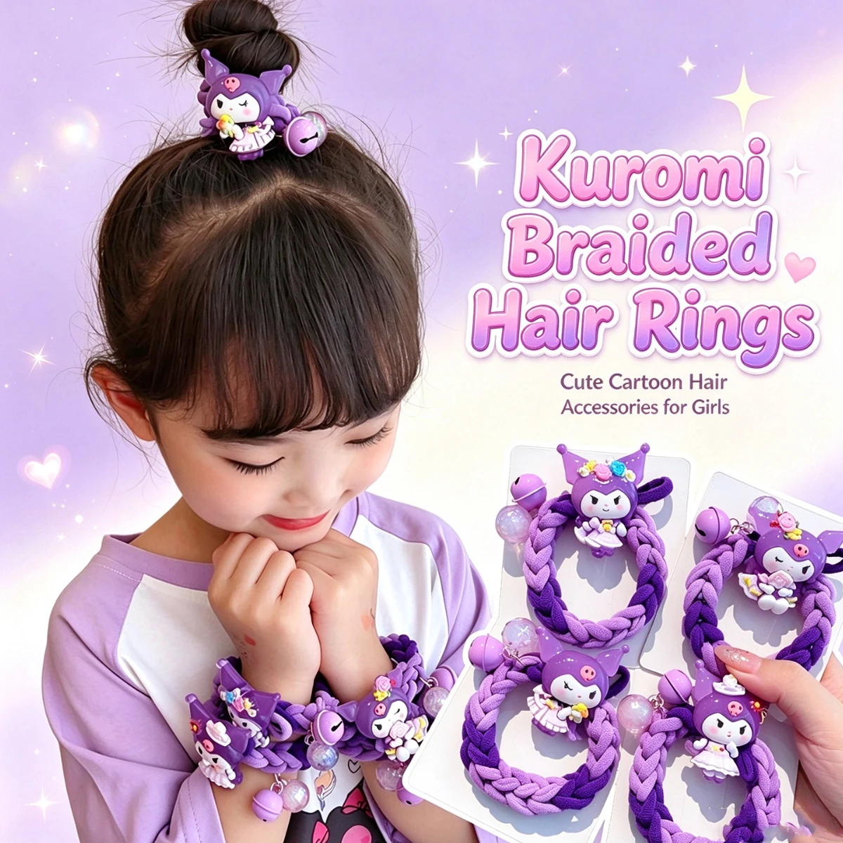 Sanrio Kuromi Braided Hair Rope Cute Thick Weave Hair Ring with Bell Beads Girls Cartoon Hair Accessories Kids Ponytail Holder