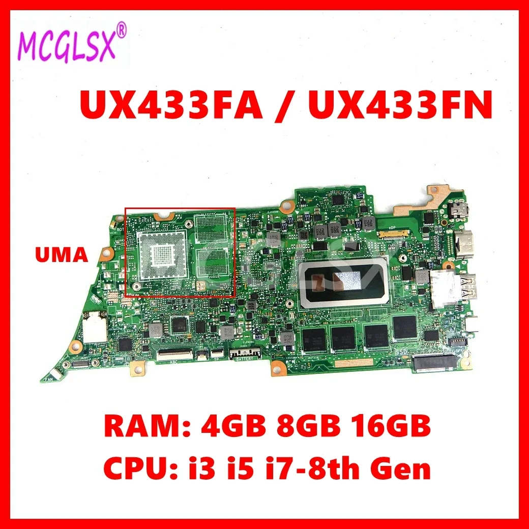 Placa-mãe Portátil para Asus Ux433f Ux433fn Ux4300f Ux433fa i5 Cpu I78th Gen 4gb 8gb 16gb de Ram