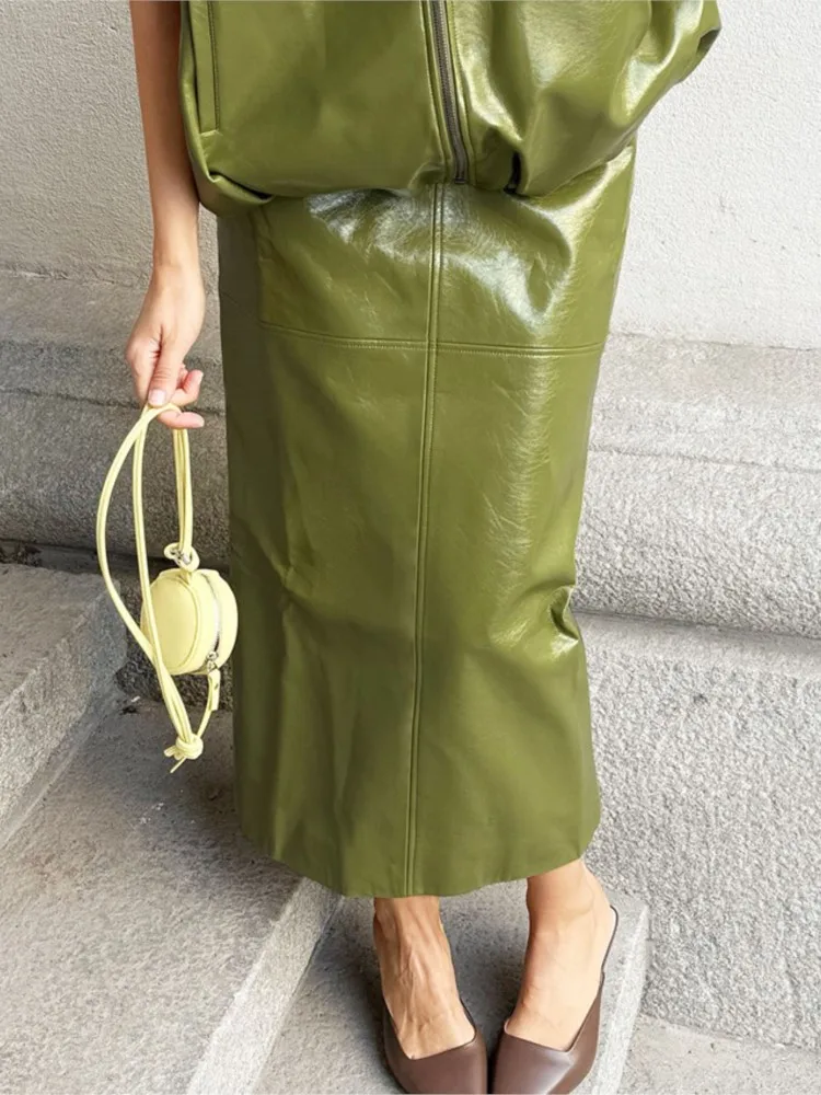 Women's Clothing PU Skirt Fashion Solid Color All-match Long Skirts Simple Style Package Hip Bodycon temperament Elegant Trendy