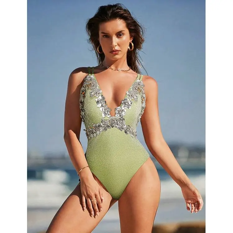 2024 New Women green Retro V-neck Cross Straps Shimmering Fabric Swimsuit Set Swimwear Bathing Suit Bikini Monokini  tankini