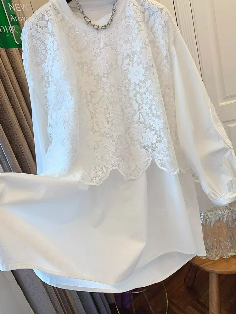 

Korean Lace Long Sleeved Shirt Fake Two Piece Casual Top for Women Autumn 2025 New