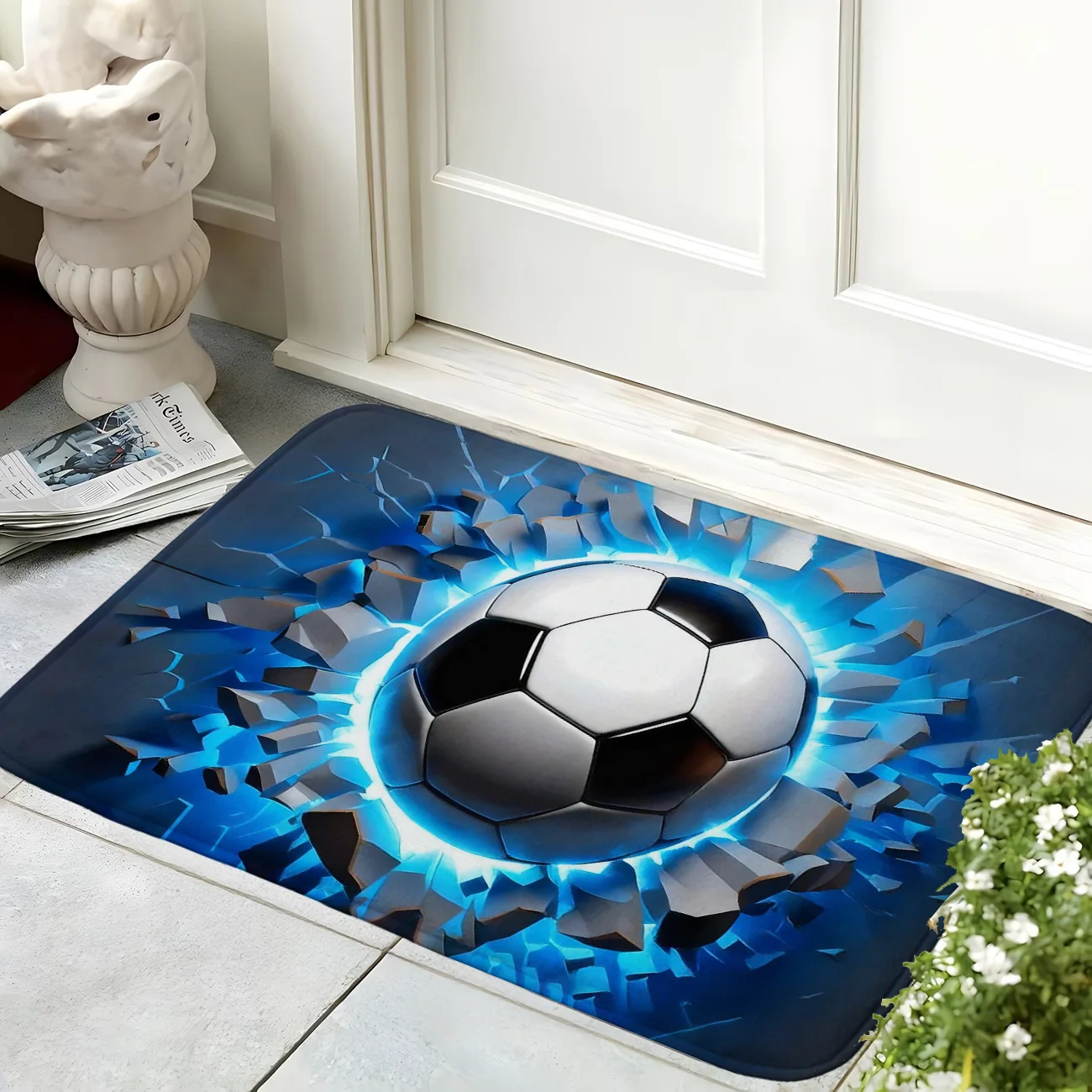 3D Soccer Break Through Wall Welcome Doormat Blue Light Football Entrance Rug Sport Theme Non-Slip Welcome Floor Mat Decor