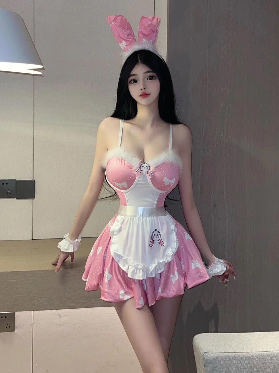 

Cartoon Queen Cosplay Apron Set Sexy Bunny Girl Strap Dr Faionable Tee-Piece Women's Ensemble Polyester Summer Outfit