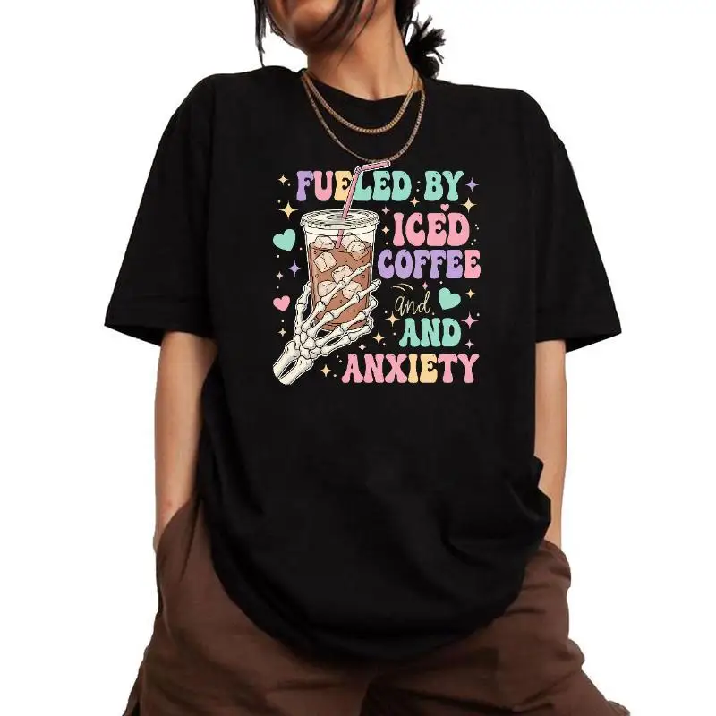 

Fueled by Iced Coffee and Anxiety T-shirt, Skeleton Hand Tee, Funny Women's Anxiety Club Shirt, Mental Health Humor Gift