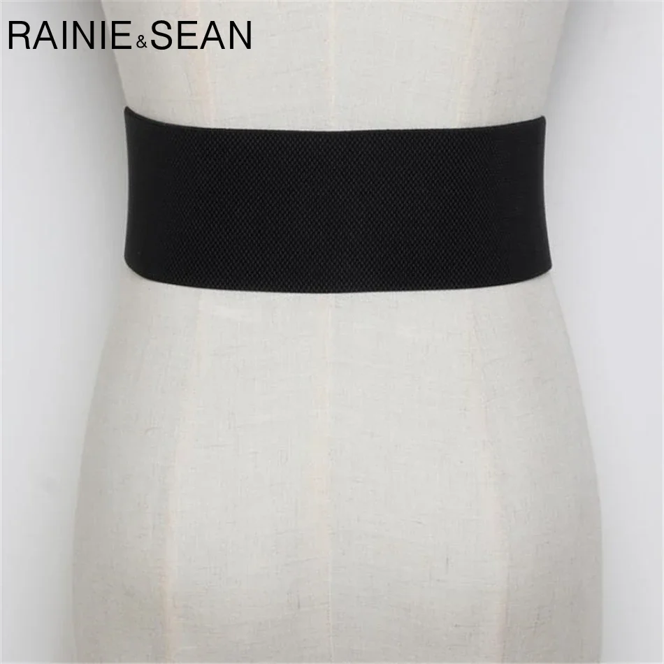 RAINIE SEAN Fashion Design Belt Cummerbunds for Women Punk Rock Elastic Rivet Zipper Wide Ladies Waist Belt Black Leather Corset