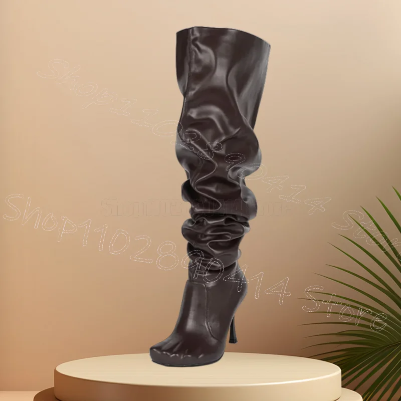 

Brown Pleated Design Five Fingers Boots Slip On Women Shoes Thin High Heels Sexy Fashion Party Dating 2025 Zapatos Para Mujere