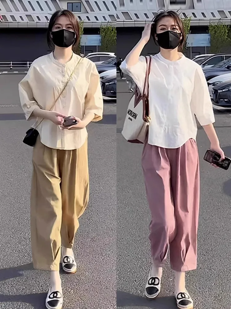 

White Short Sleeve Shirt Women's Summer New Style Beautiful Half Sleeve Top Korean Loose Fit Button Detail Pure Color